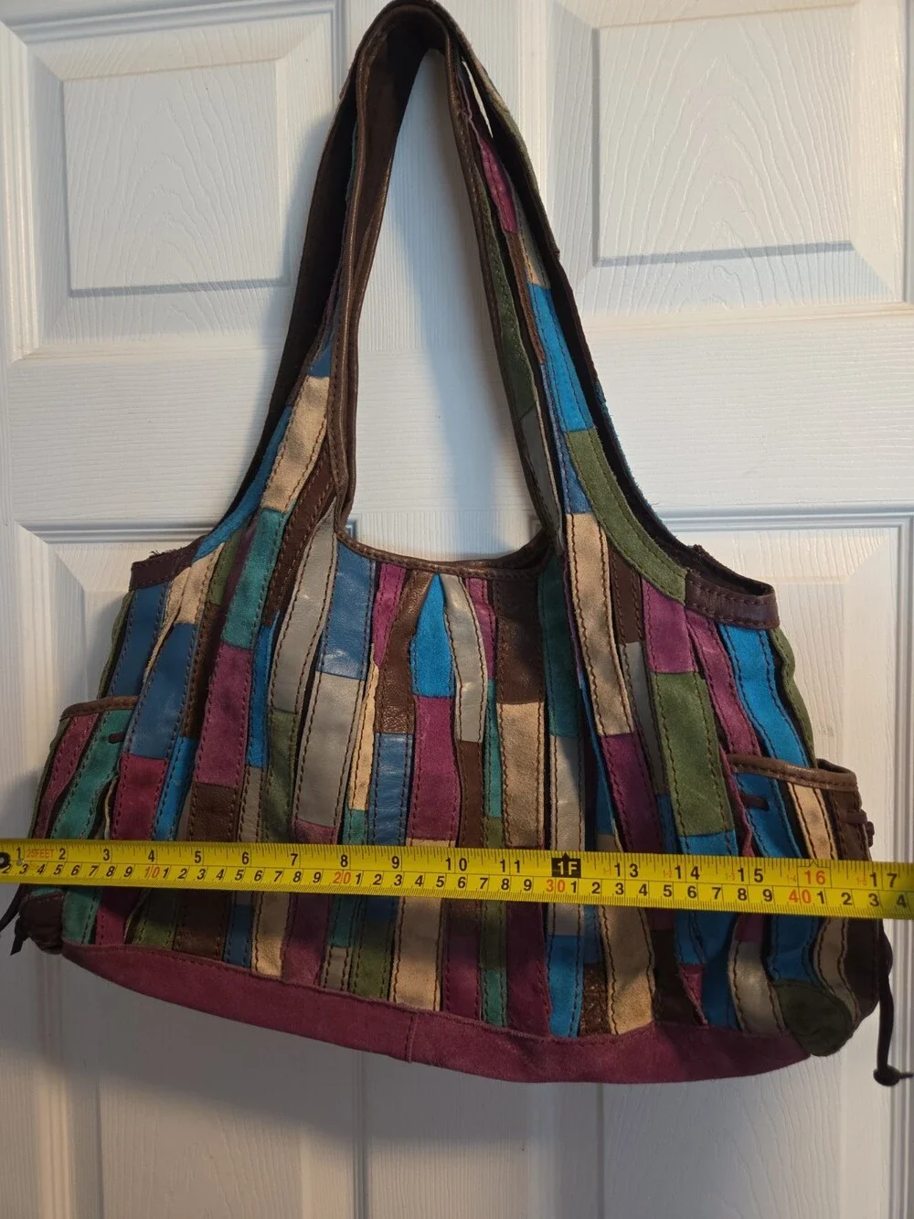 Lucky Brand Leather Hobo Tote Brown Blue Pink Patchwork - Used